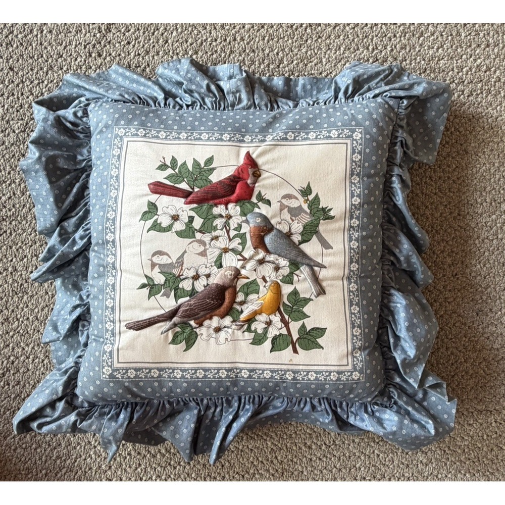 Vintage Ruffled Bird Throw Pillow Quilted Songbirds Cardinal Bluebird Gray